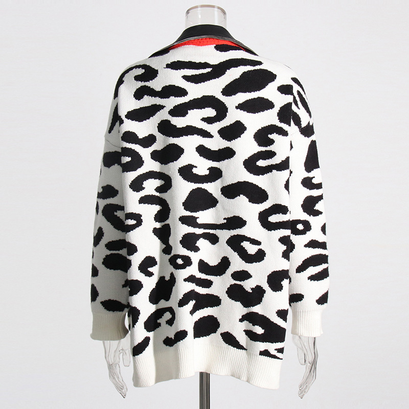 Leopard print knitted sweater patchwork PU leather cardigan jacket