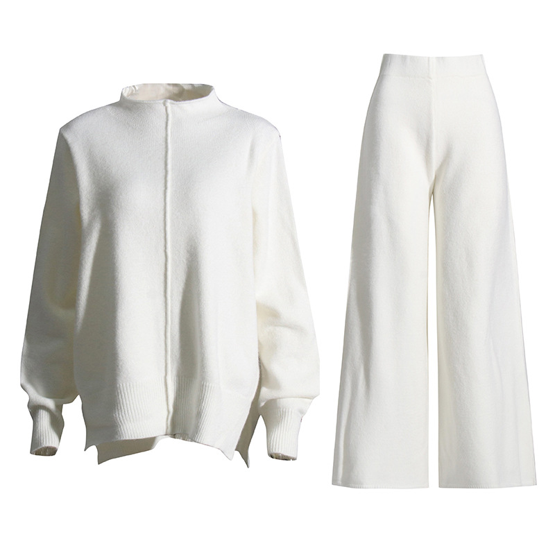 Loose pullover sweater + high waist knitted wide leg pants