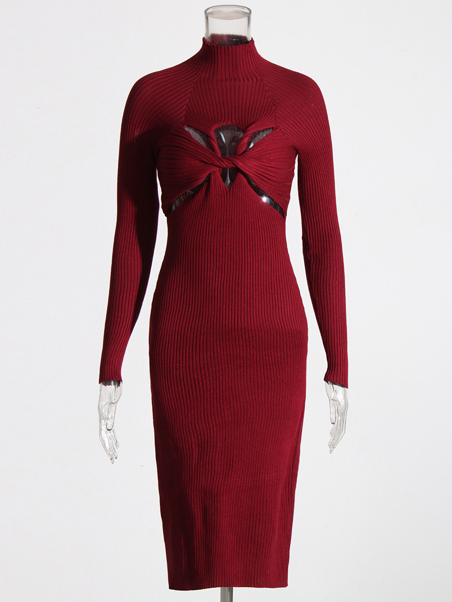 High neck long sleeve hollow knit dress