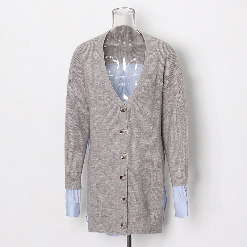 Fashion V-neck long sleeve splicing cardigan sweater jacket