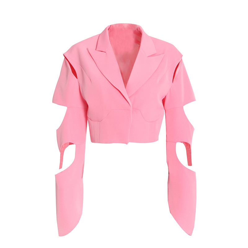 Irregular split hollow long sleeve short jacket