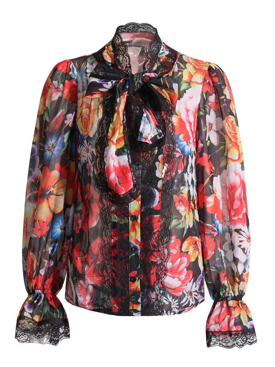 Tie bow flared sleeve printed shirt