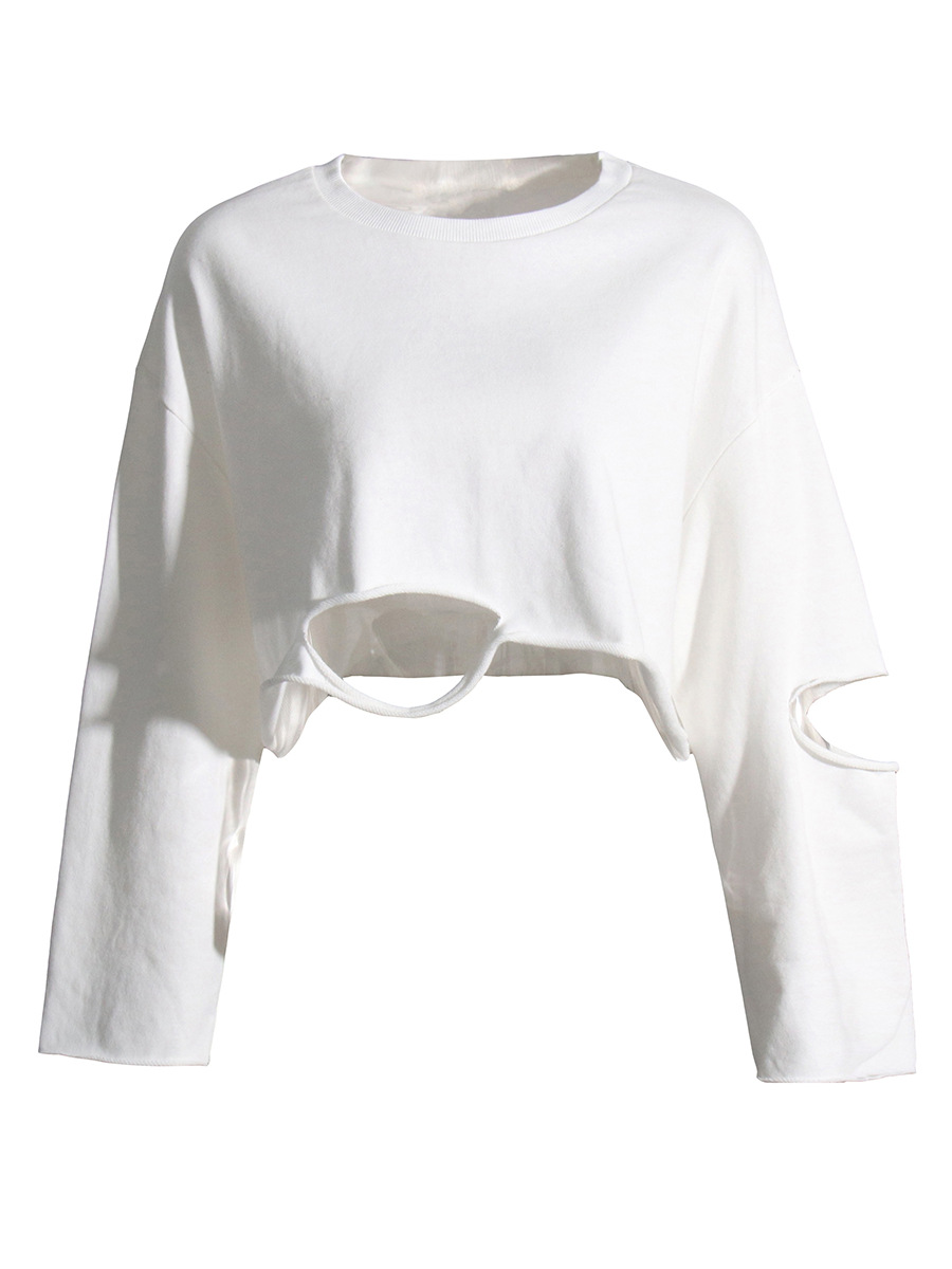 Pullover sweatshirt round neck long sleeve hollow hole short top