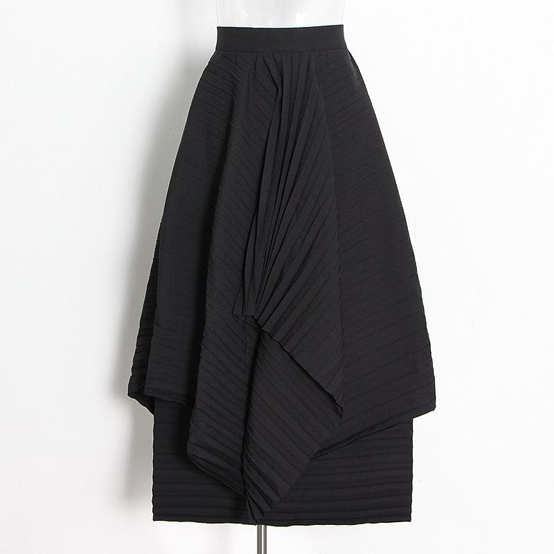 Pleated solid color double layer high waist long irregular half skirt