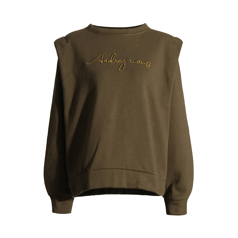 Round neck long sleeve embroidered letters curry padded sweatshirt