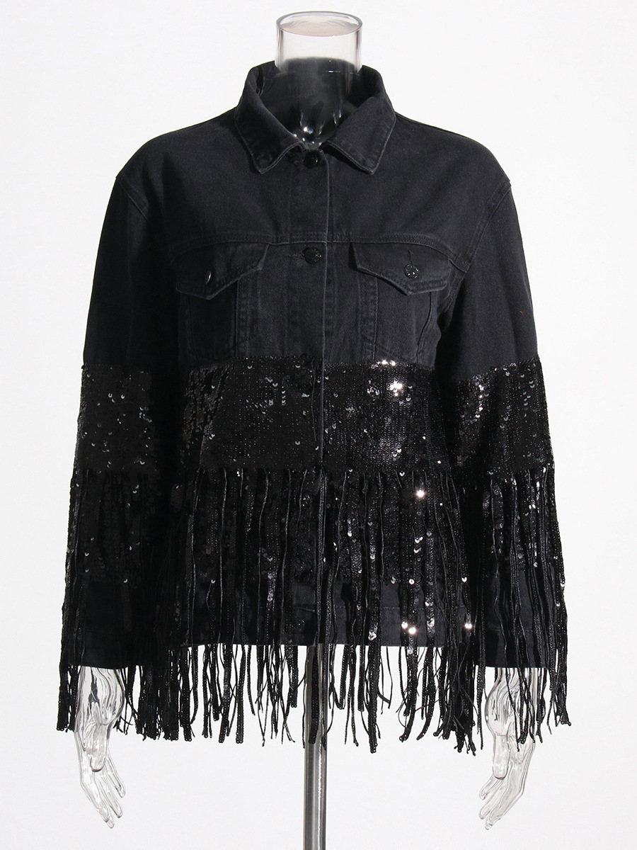 Heavy-duty sequin tassel denim jacket