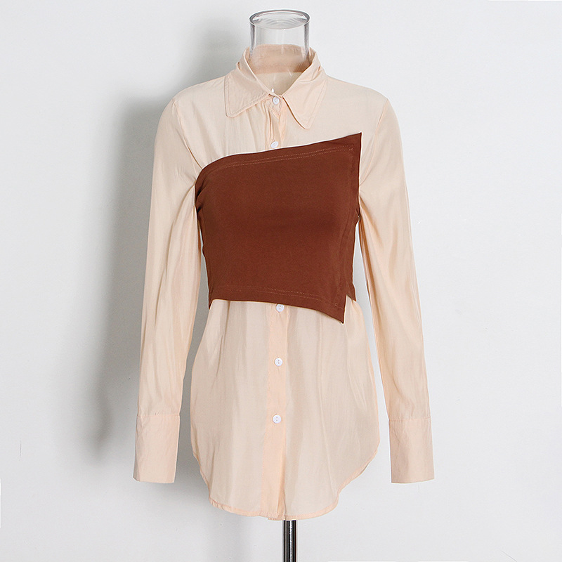 Lapel single-breasted solid color smocked patchwork shirt