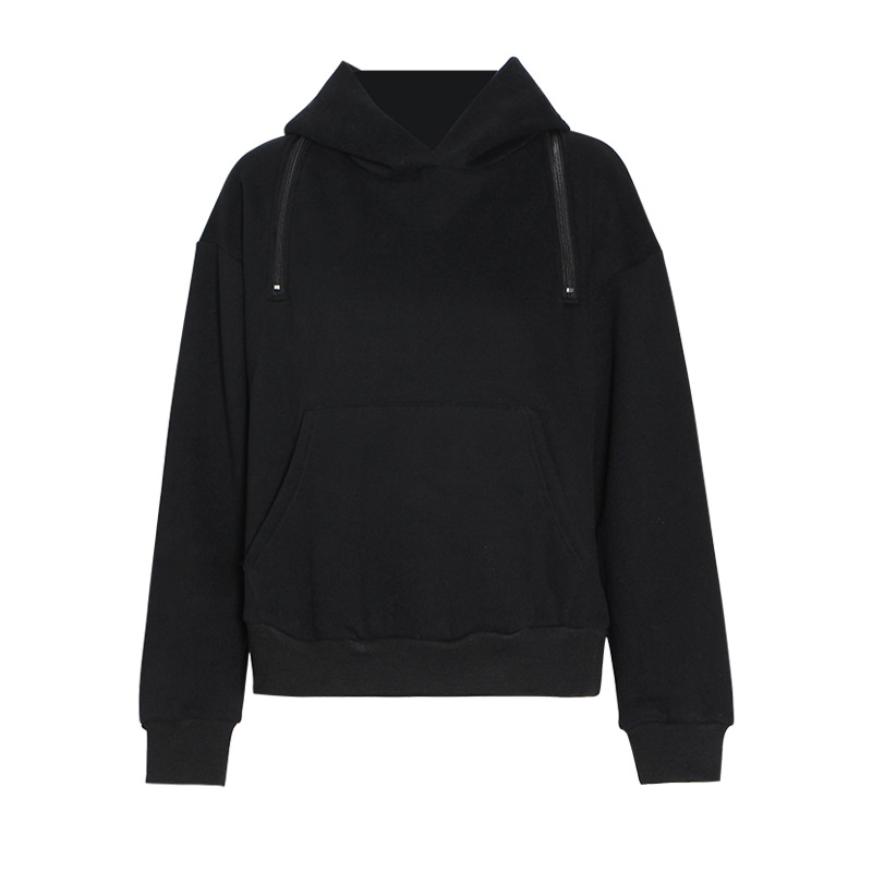 Zipper hooded solid color loose sweatshirt