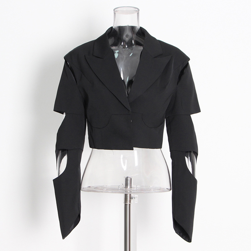 Irregular split hollow long sleeve short jacket