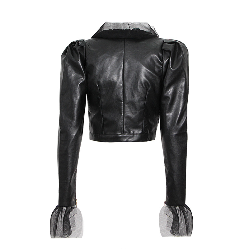 Ruffle mesh stitching short leather jacket