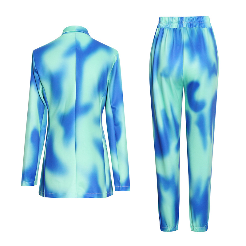 Double-breasted printed suit + stretchy drawstring pants