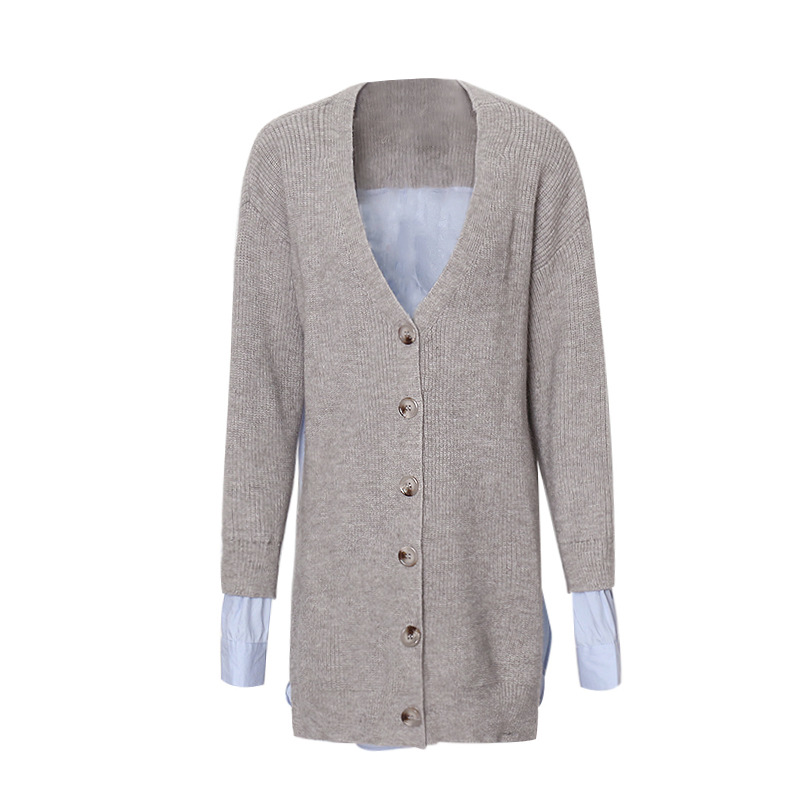 Fashion V-neck long sleeve splicing cardigan sweater jacket