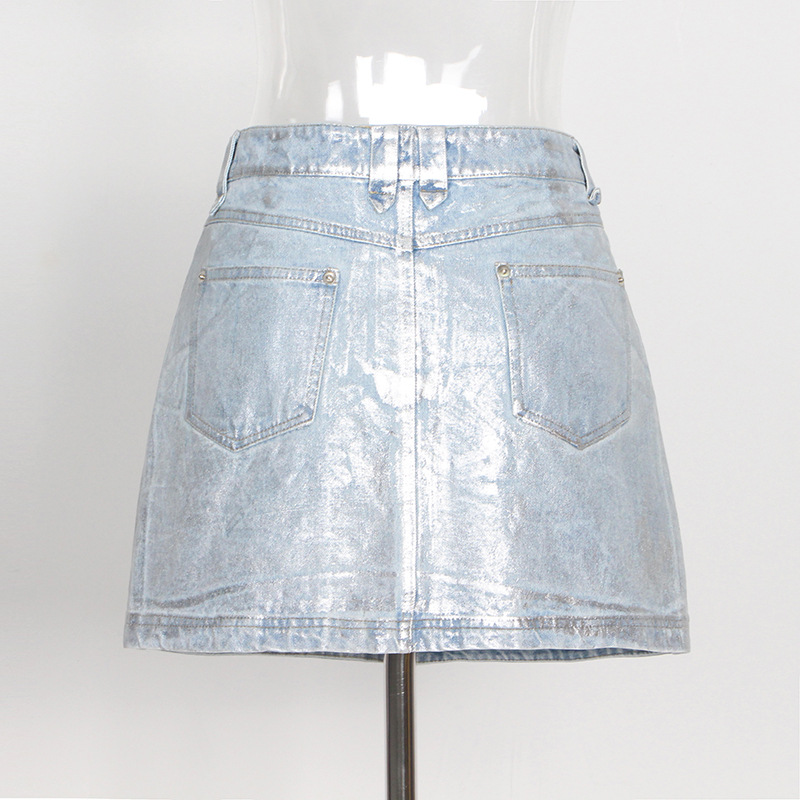 High-waisted patchwork silver patch half-body skirt