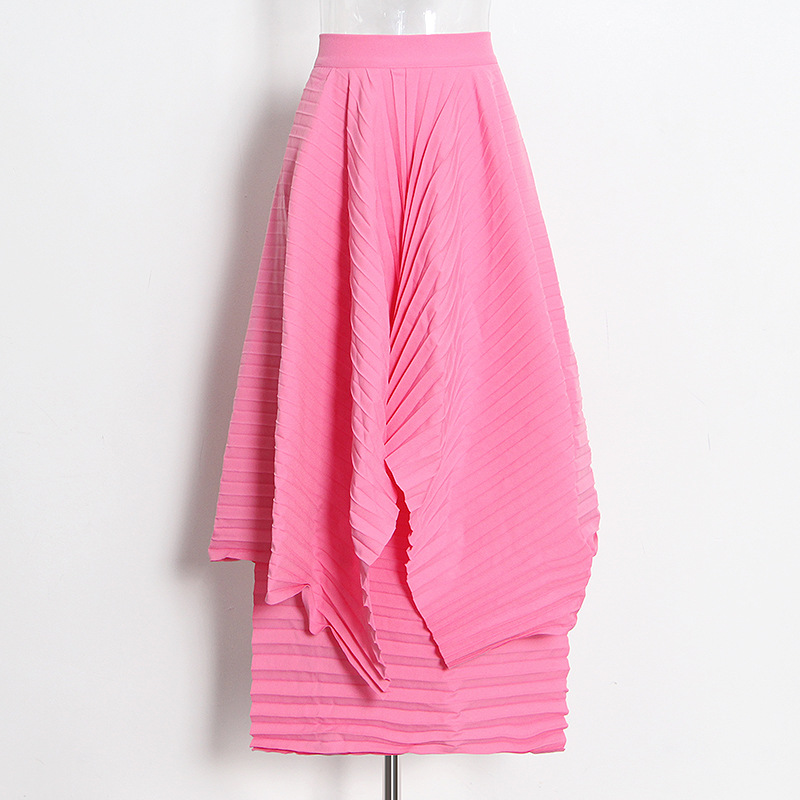 Pleated solid color double layer high waist long irregular half skirt