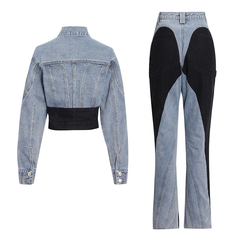 Black and white stitching short denim jacket + high waist straight pants