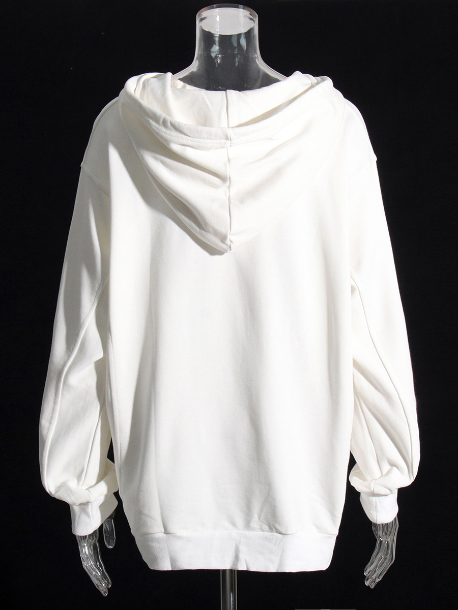 Zipper hooded solid color loose sweatshirt