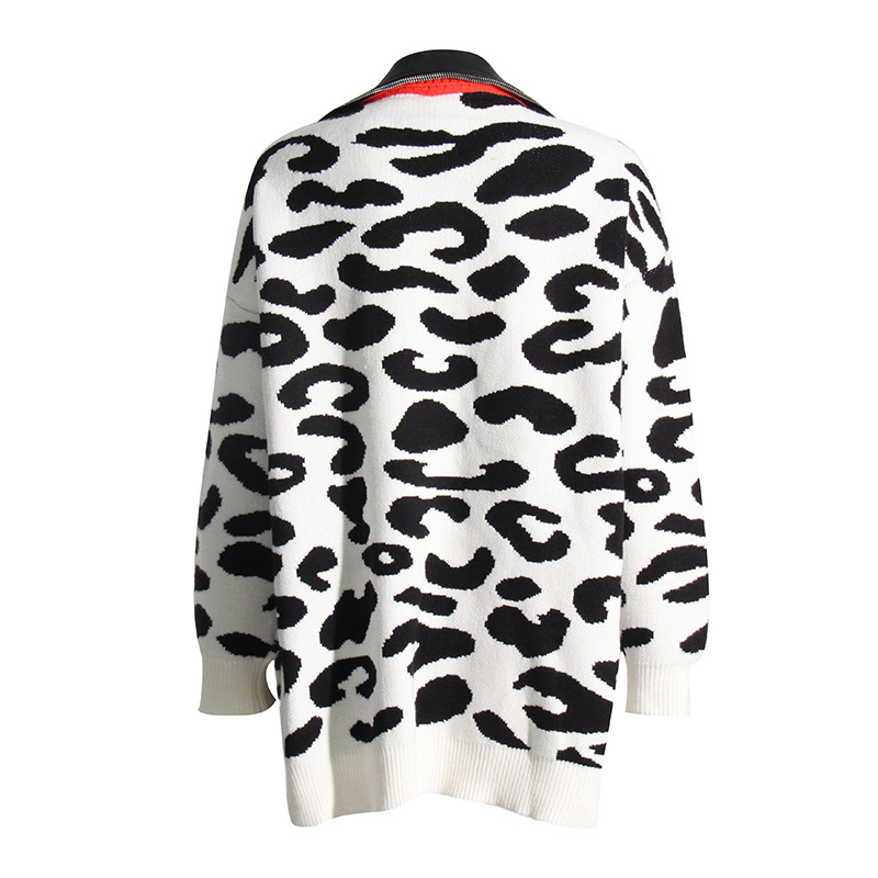 Leopard print knitted sweater patchwork PU leather cardigan jacket