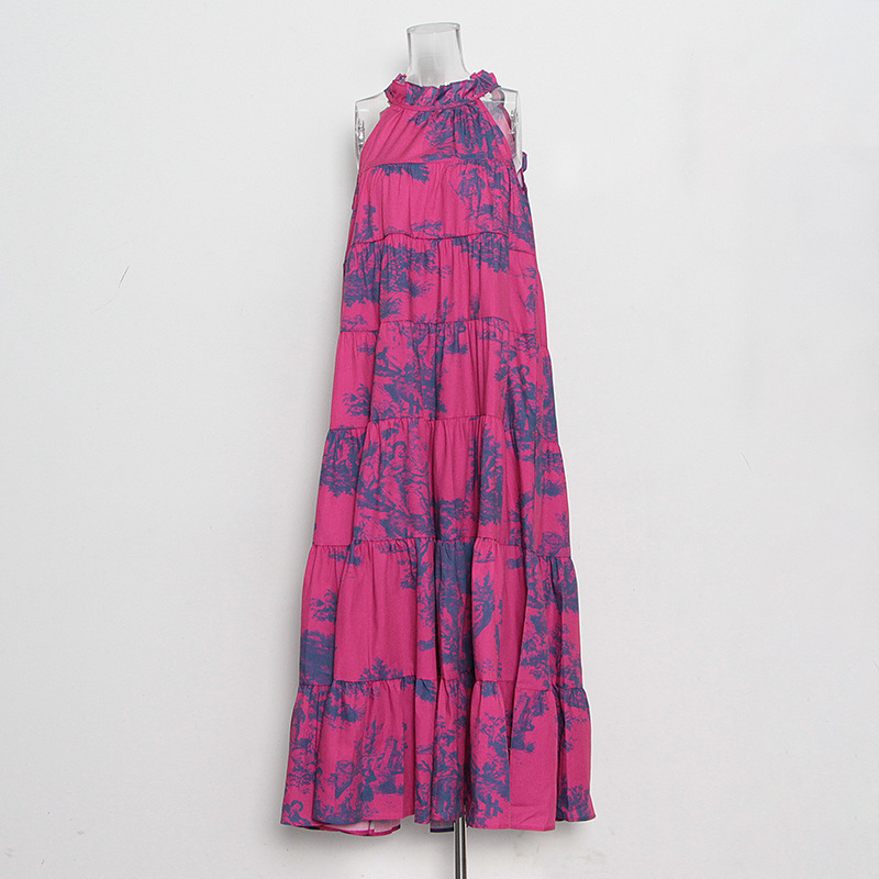 Printed hanging neck bow tie long dress