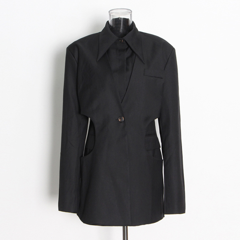 One button lapel solid color patchwork straight jacket