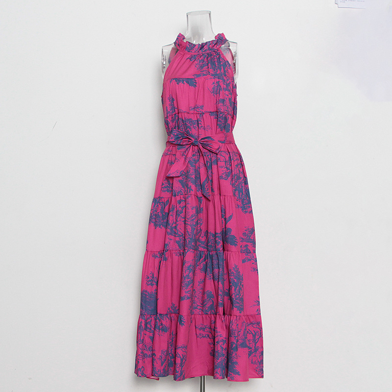 Printed hanging neck bow tie long dress