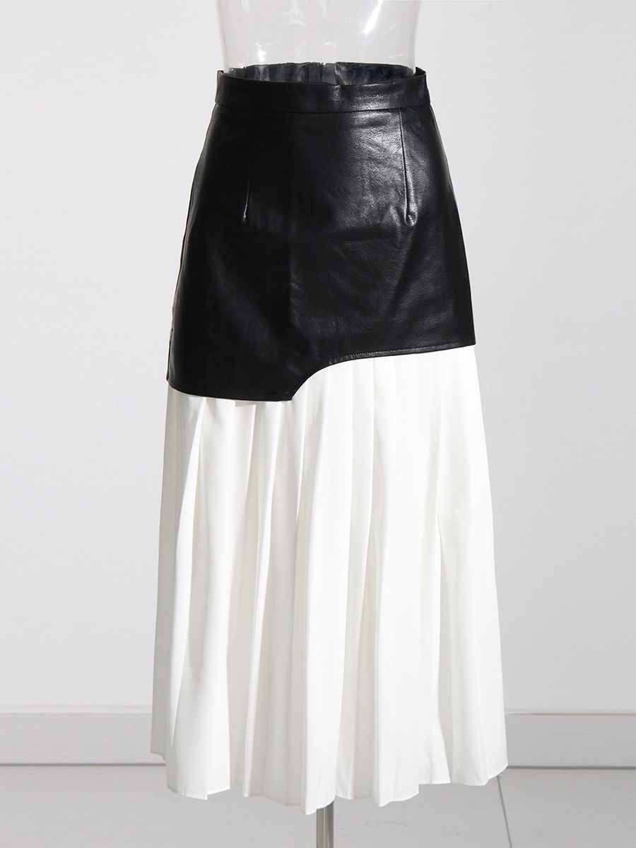 High Waist Irregular A-line Half-body Skirt PU Leather Black and White Patchwork