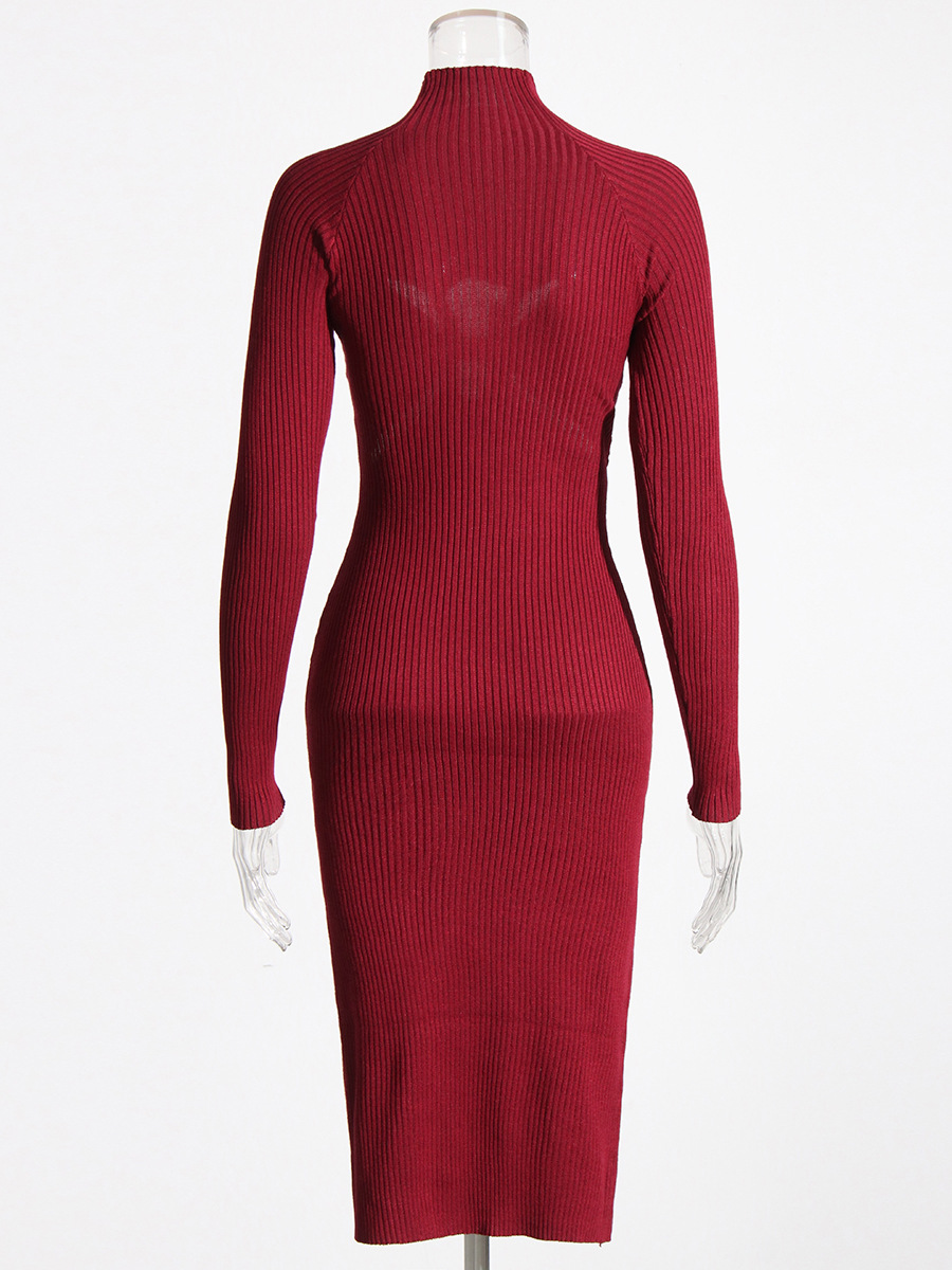 High neck long sleeve hollow knit dress