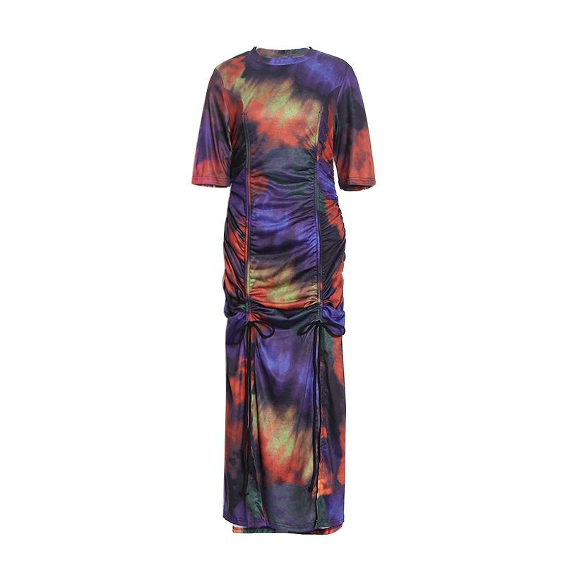 Tie-dye wrinkle temperament commuter short-sleeved package hip dress