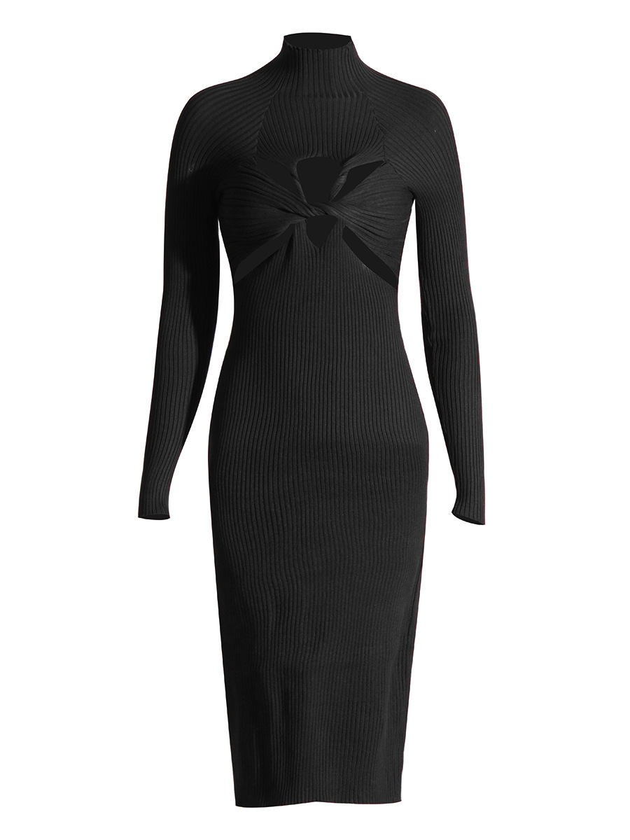 High neck long sleeve hollow knit dress