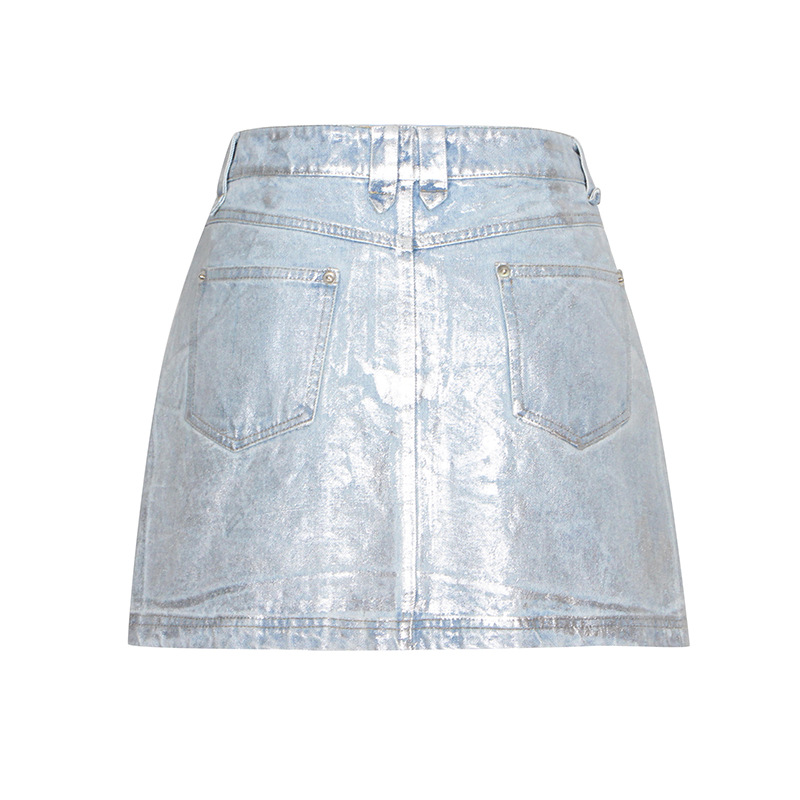 High-waisted patchwork silver patch half-body skirt