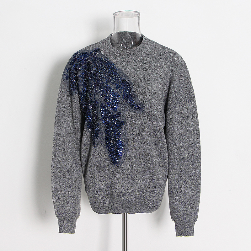 Round neck pullover sweatshirt knit + sequin stitching pencil pants