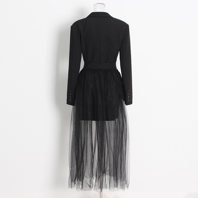 Popular small suit suit + long-sleeved mesh half-body skirt