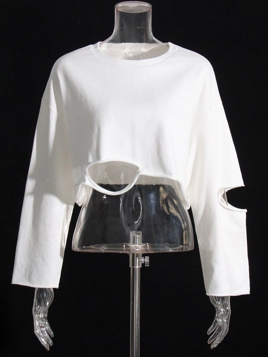 Pullover sweatshirt round neck long sleeve hollow hole short top