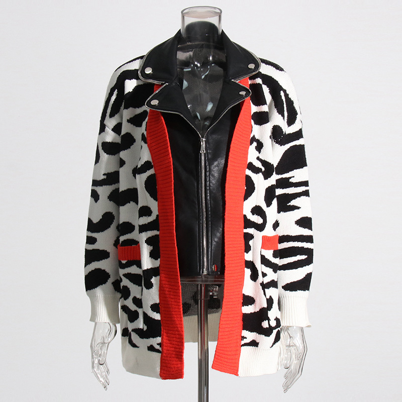 Leopard print knitted sweater patchwork PU leather cardigan jacket