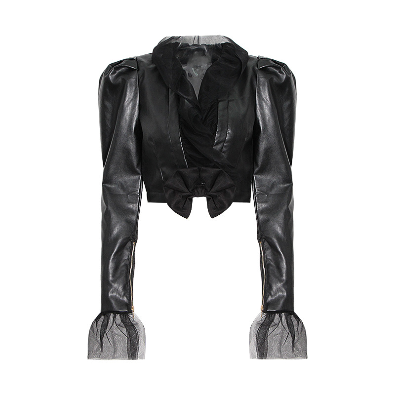 Ruffle mesh stitching short leather jacket