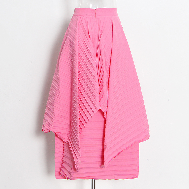 Pleated solid color double layer high waist long irregular half skirt