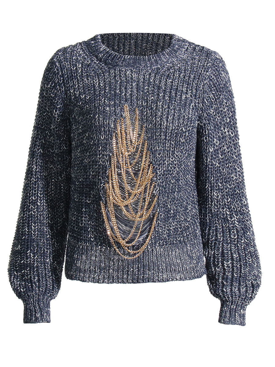 Pullover long sleeve torn chain sweater