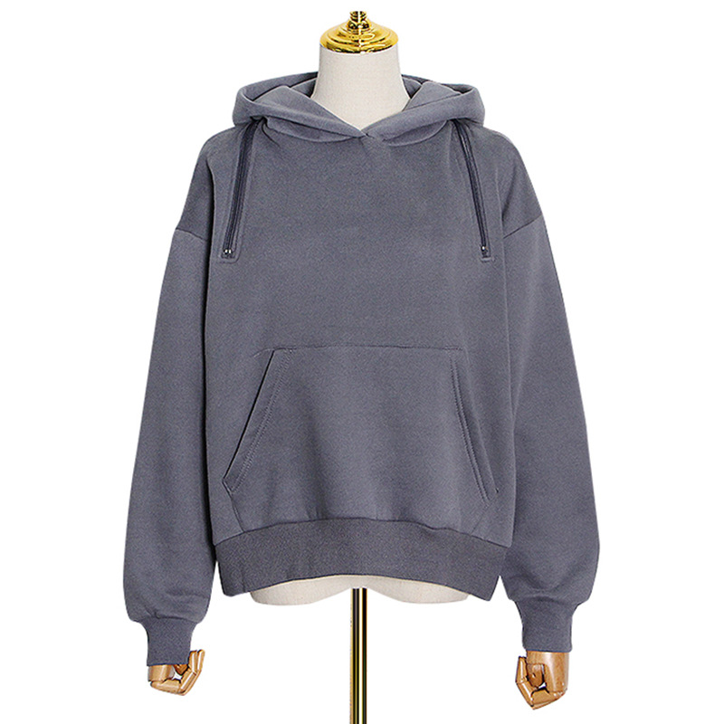 Zipper hooded solid color loose sweatshirt