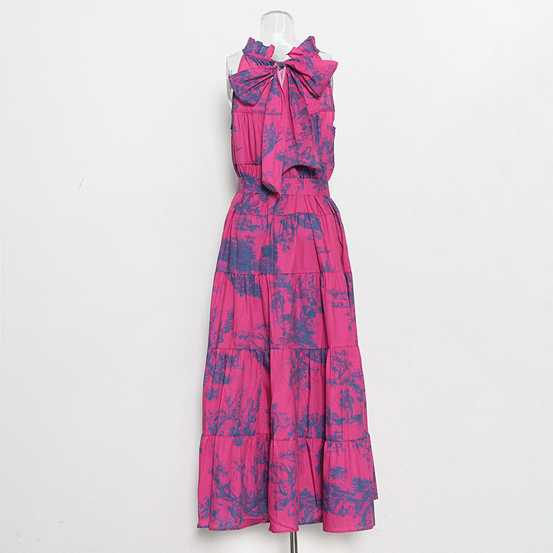 Printed hanging neck bow tie long dress