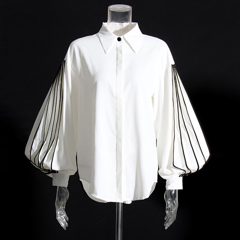 Lapel collar pleated collision color loose long-sleeved shirt