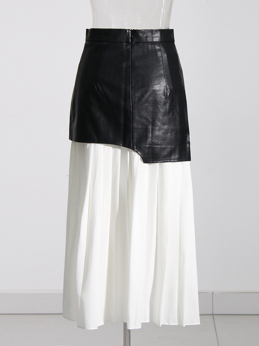 High Waist Irregular A-line Half-body Skirt PU Leather Black and White Patchwork