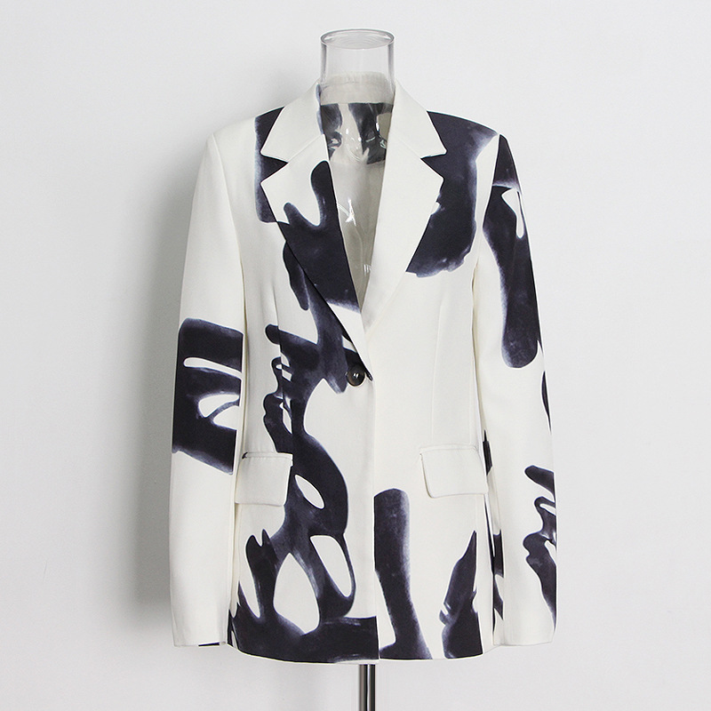 One button printed jacket + high waist straight long suit pants