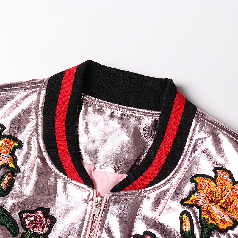 Embroidered flowers collision color PU leather short jacket