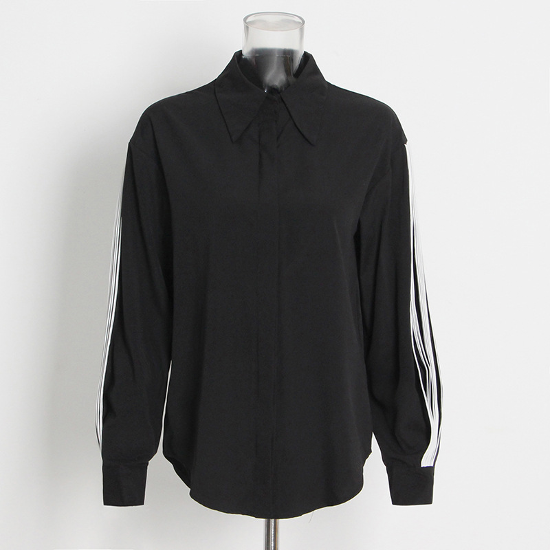 Lapel collar pleated collision color loose long-sleeved shirt