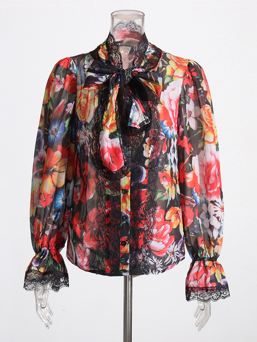 Tie bow flared sleeve printed shirt