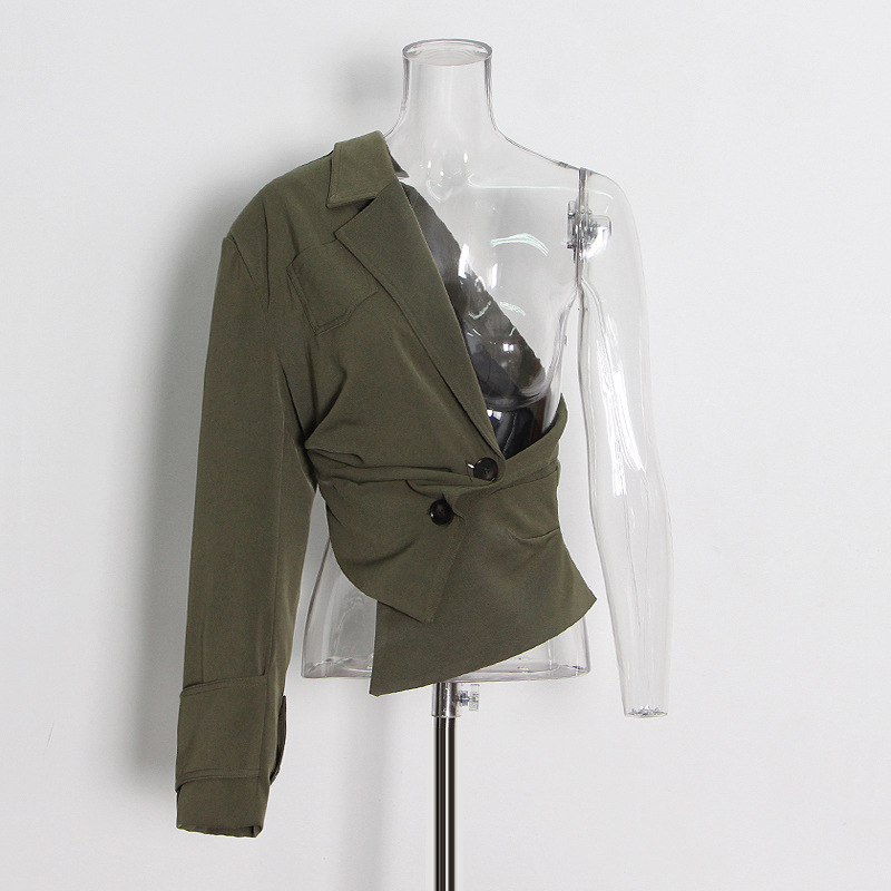 Detachable single-breasted waist-tie green jacket