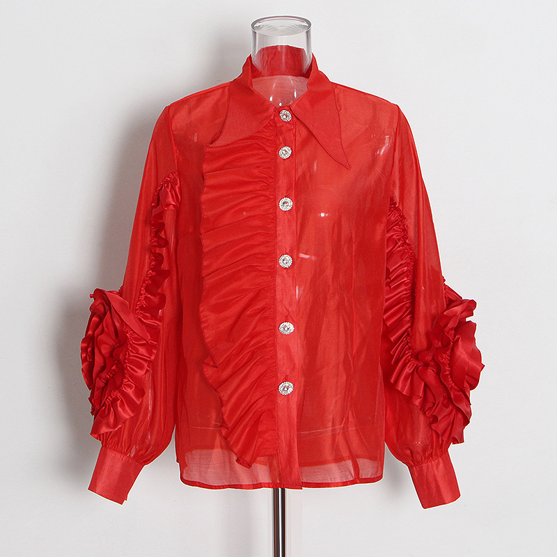 Ruffle stitching single-breasted solid color lapel shirt