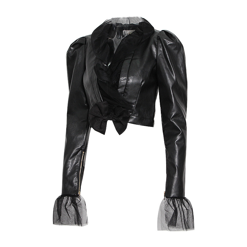 Ruffle mesh stitching short leather jacket