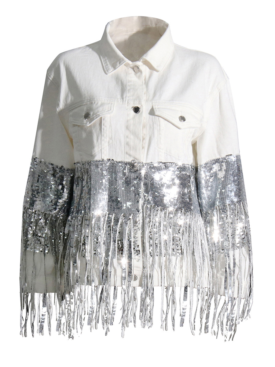 Heavy-duty sequin tassel denim jacket