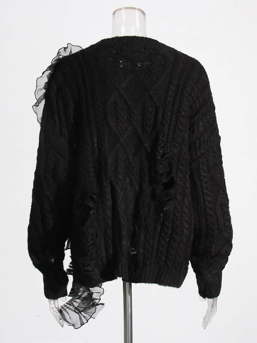 Hollow embroidery stitching long sleeve mesh irregular sweater