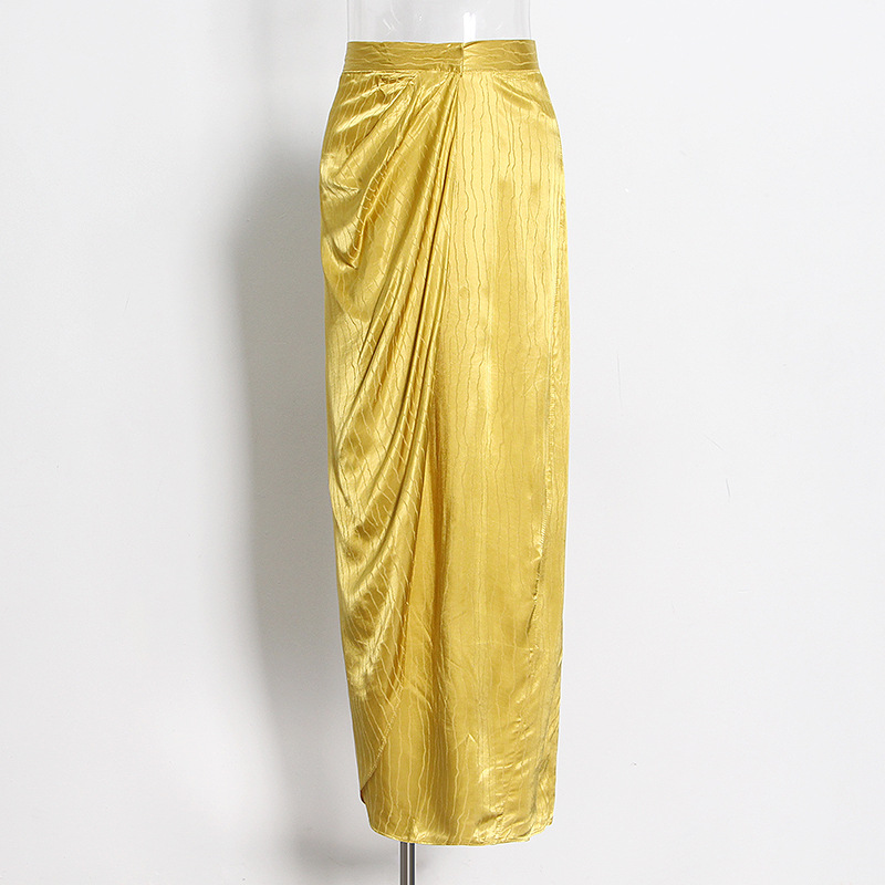 High waist pleated asymmetric hip half skirt